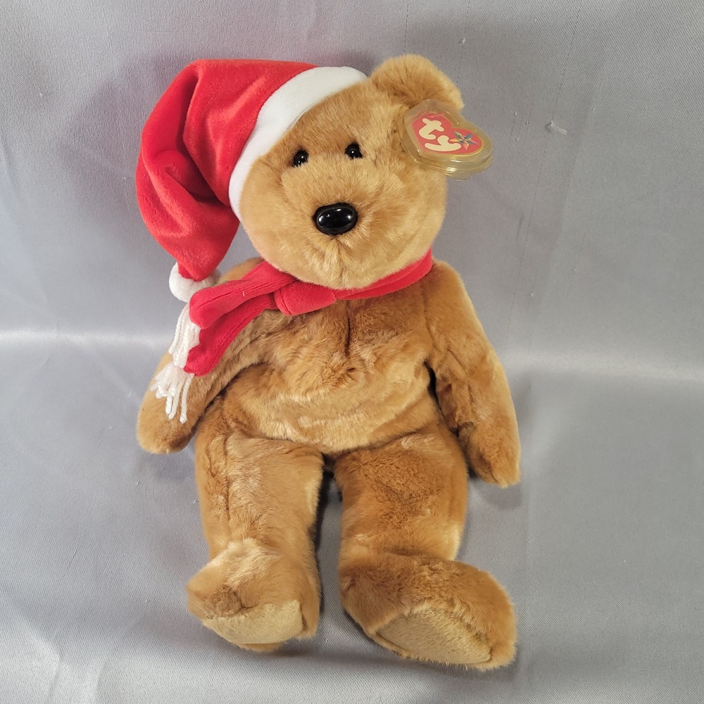 Ty Beanie Buddies 1997 Holiday Teddy Bear Large Tan‎ Red Santa Hat Scarf Buddy